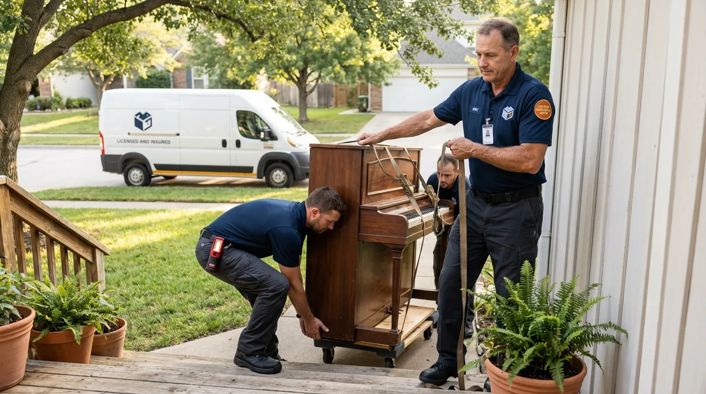 Licensed piano movers securing grand piano in Elysburg, PA