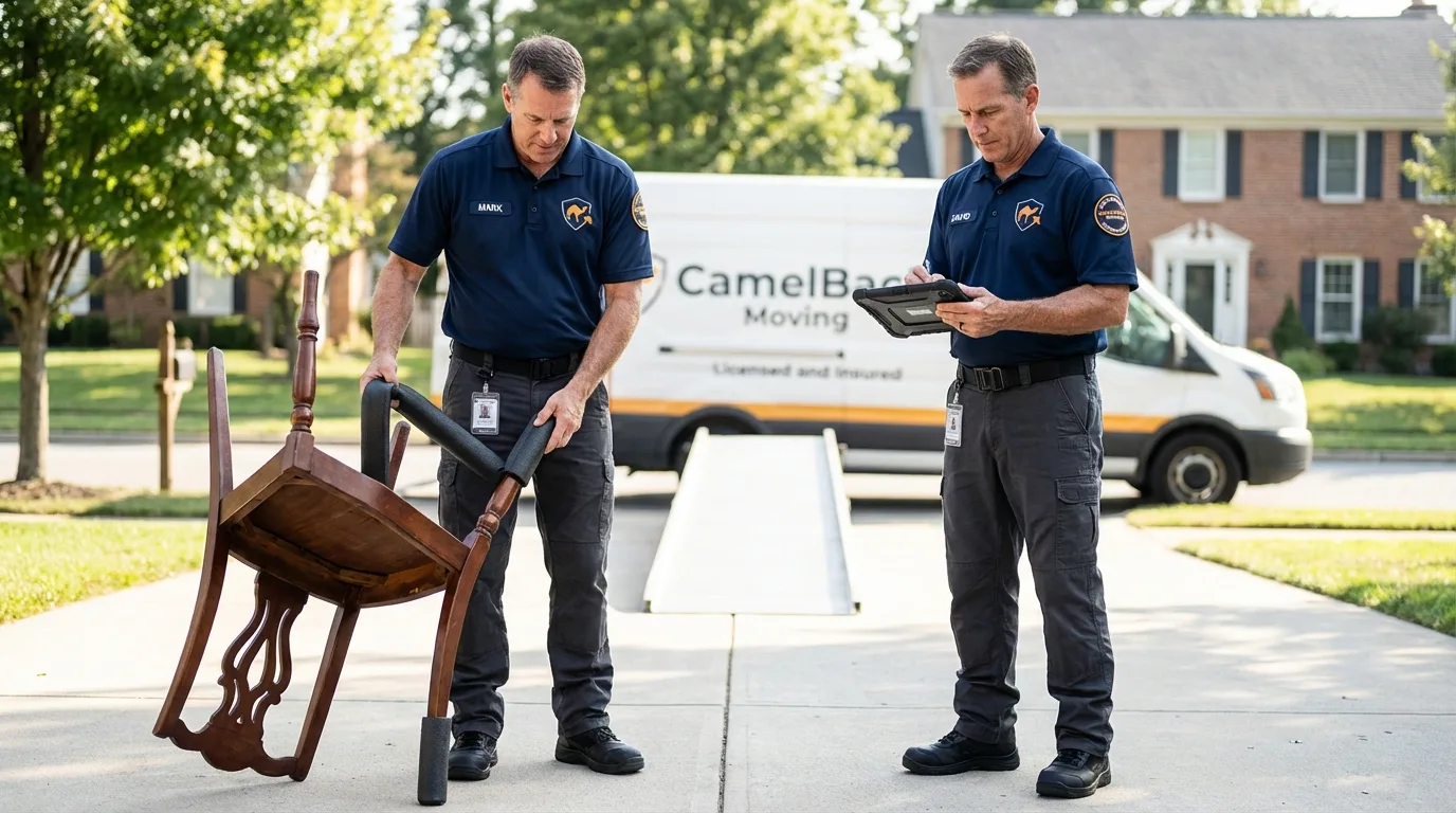 Movers inspecting furniture for damage prevention before loading in Elysburg, PA