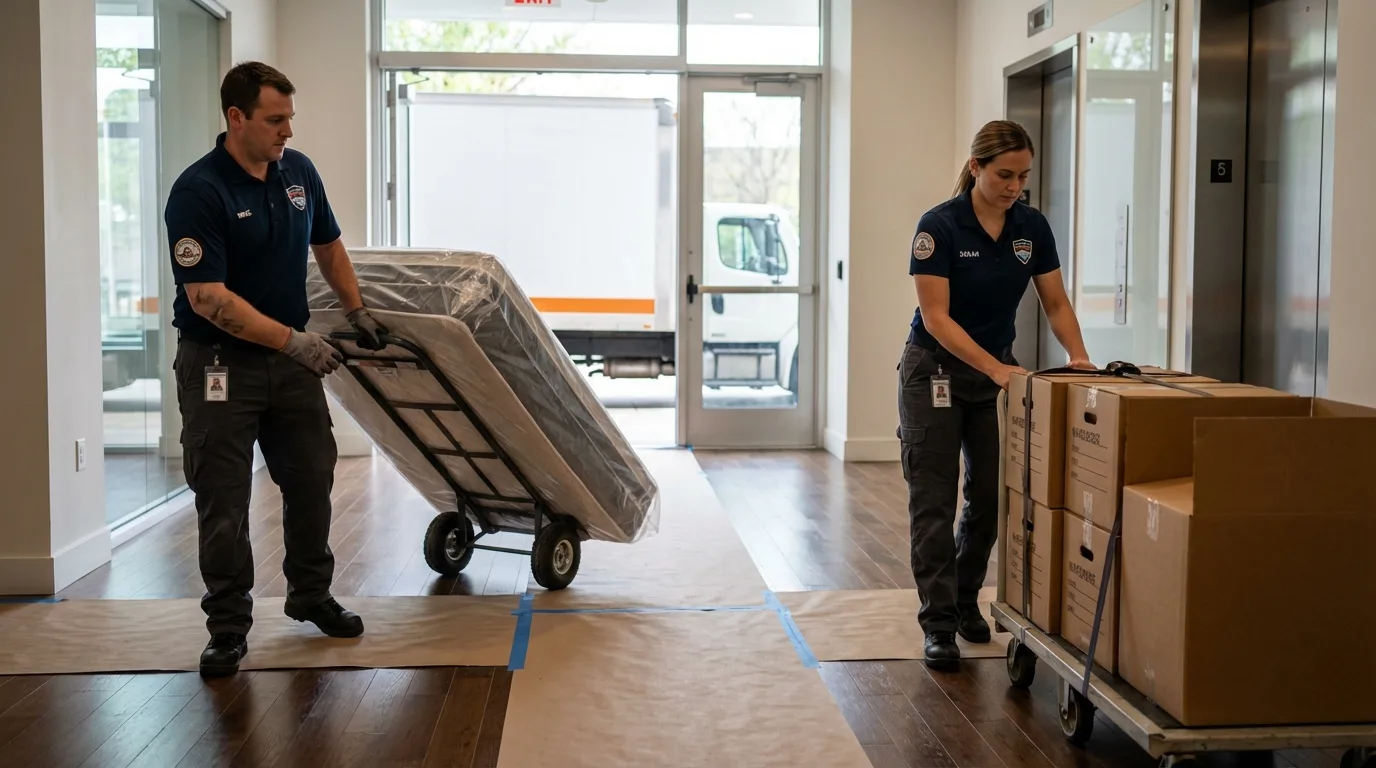 Professional apartment movers loading elevator in Elysburg, PA