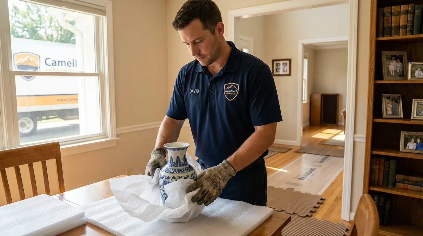Professional crew carefully wrapping antique vase for senior downsizing move in Elysburg, PA